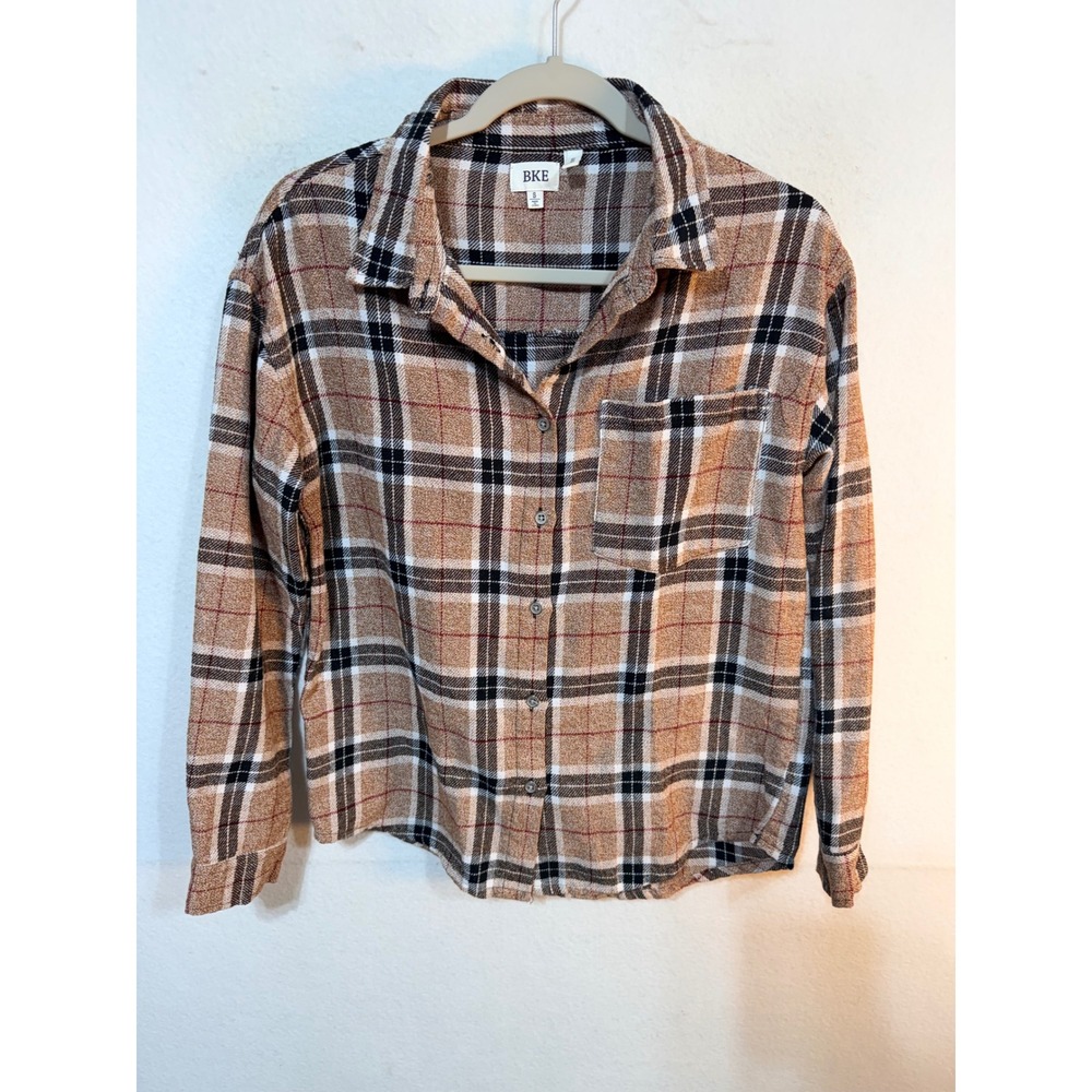 BKE Button Down Eased Plaid Flannel Shirt Women's Small Brown Cabincore Cozy